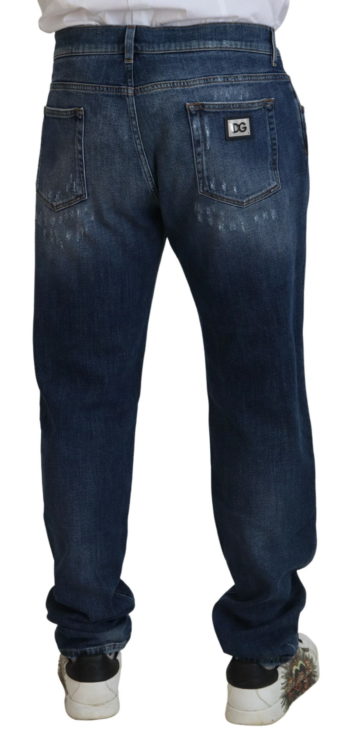 Blue Tattered Cotton Stretch Slim Denim Jeans