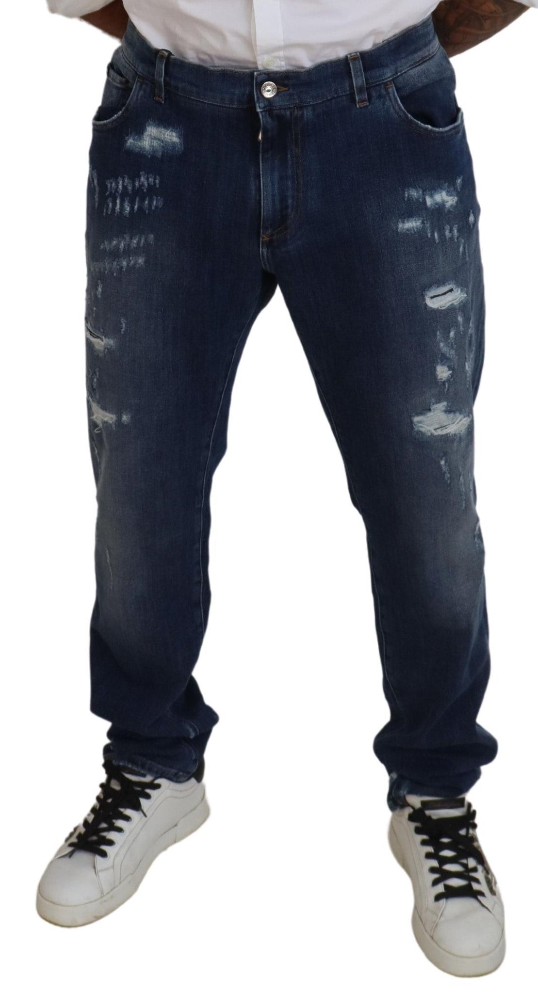 Blue Tattered Cotton Stretch Slim Denim Jeans