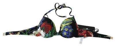 Black Floral Print Nylon Swimwear Bikini Tops