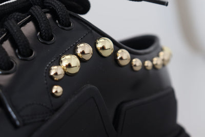 Black Leather Trekking Derby Embellished Shoes