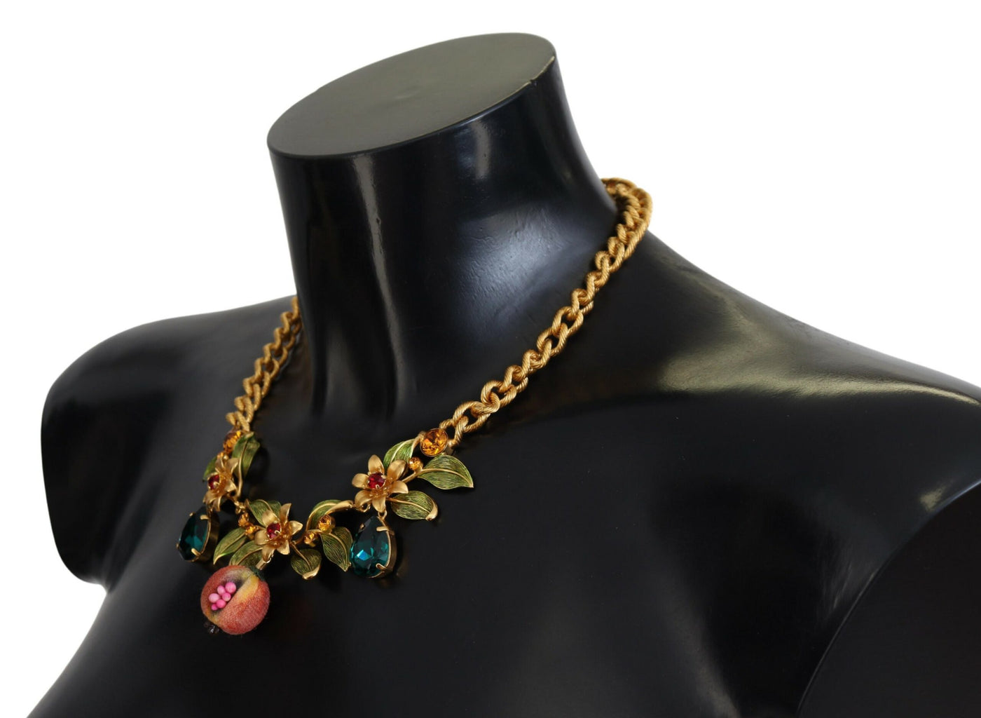 Gold Brass Crystal Logo Fruit Floral Statement Necklace