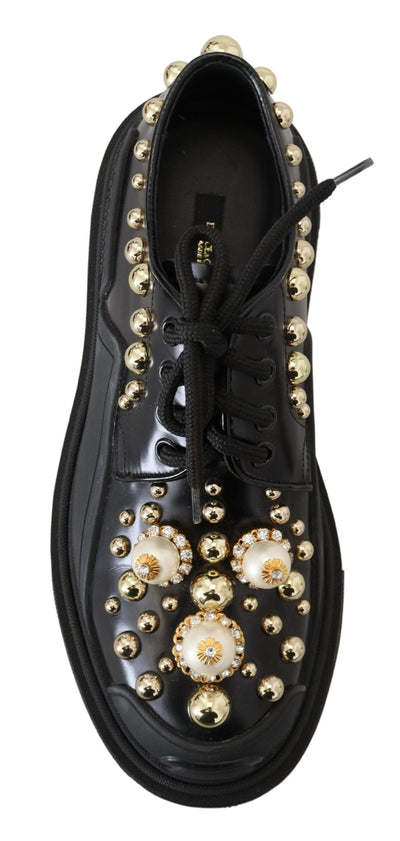 Black Leather Trekking Derby Embellished Shoes