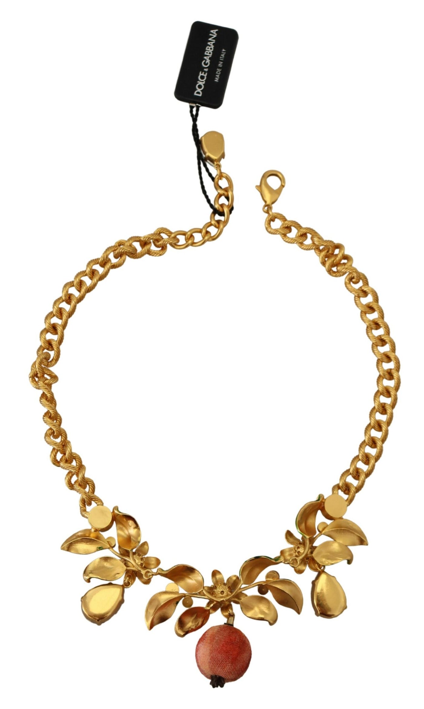 Gold Brass Crystal Logo Fruit Floral Statement Necklace