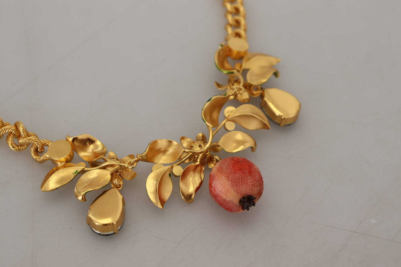 Gold Brass Crystal Logo Fruit Floral Statement Necklace