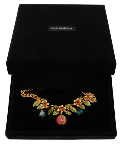 Gold Brass Crystal Logo Fruit Floral Statement Necklace