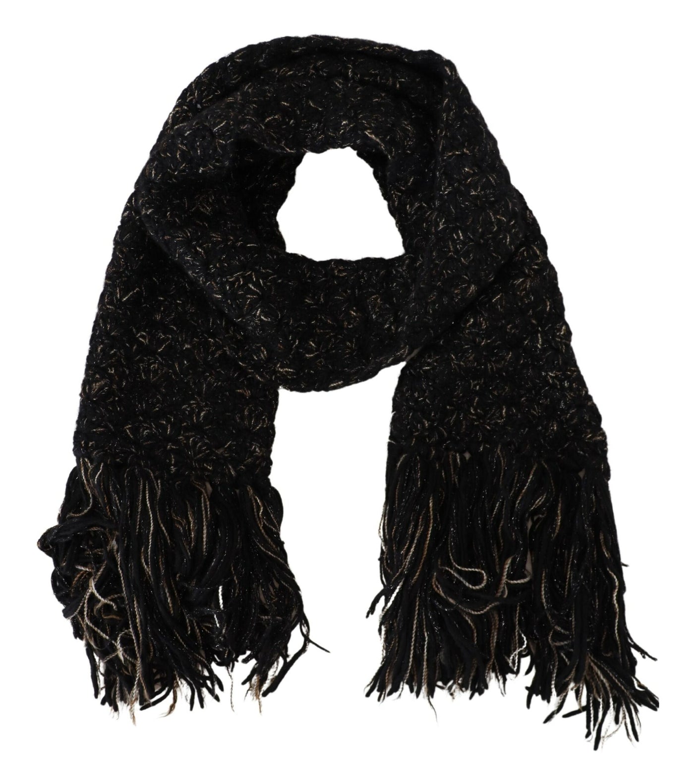 Black Wool Knitted Wrap Foulard Fringe Scarf