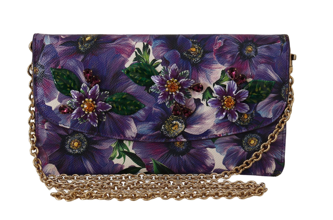 Purple Floral Leather Crystal Clutch Leather Purse