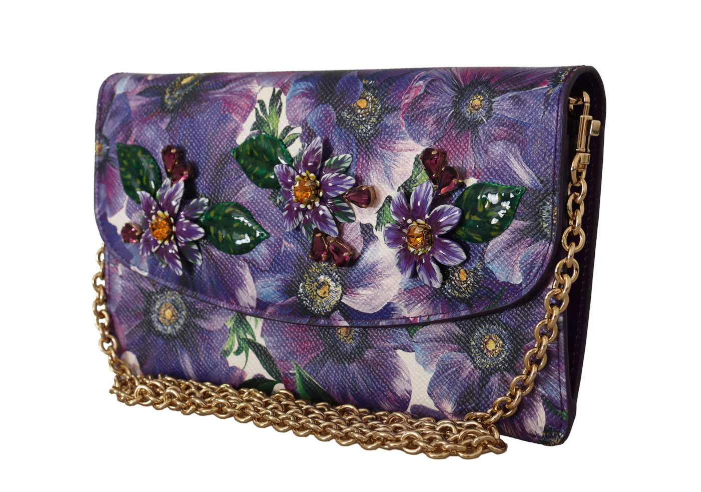 Purple Floral Leather Crystal Clutch Leather Purse