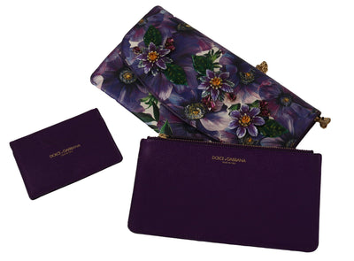 Purple Floral Leather Crystal Clutch Leather Purse