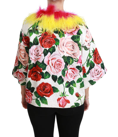 White Floral Coat Capte Fur Roses Jacket