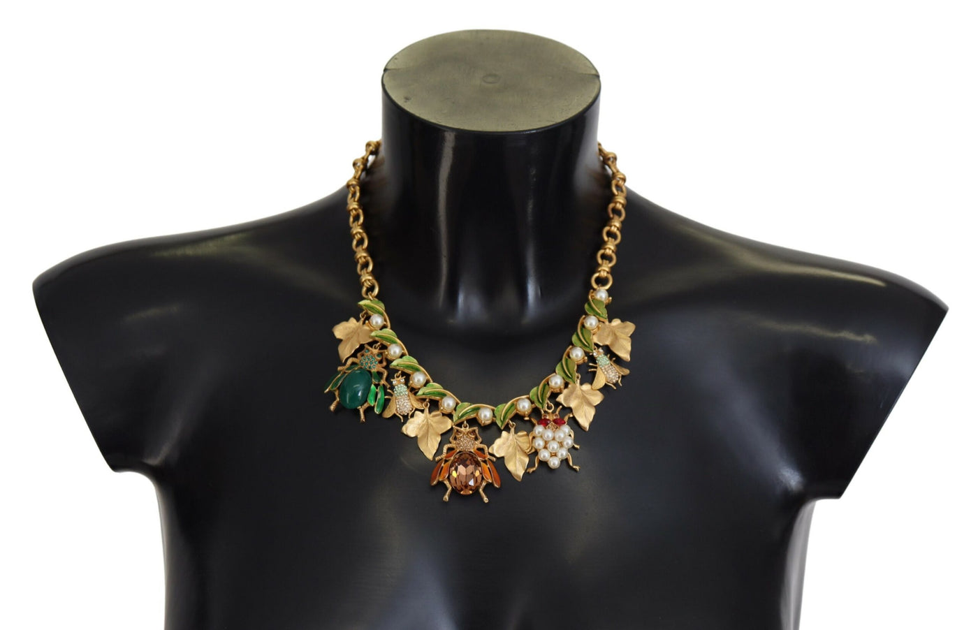 Gold Brass Crystal Logo Bug Floral Statement Necklace