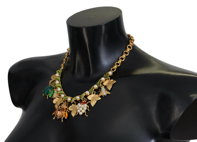 Gold Brass Crystal Logo Bug Floral Statement Necklace