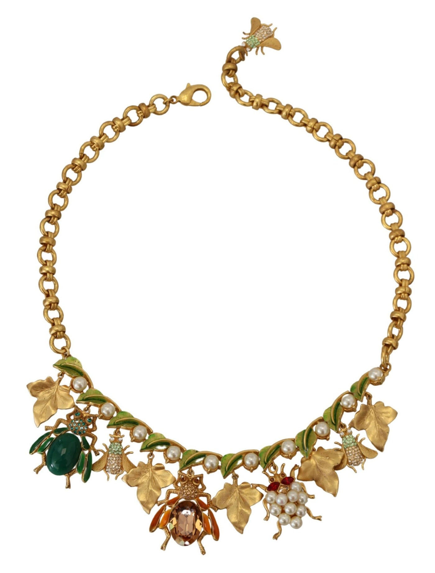 Gold Brass Crystal Logo Bug Floral Statement Necklace