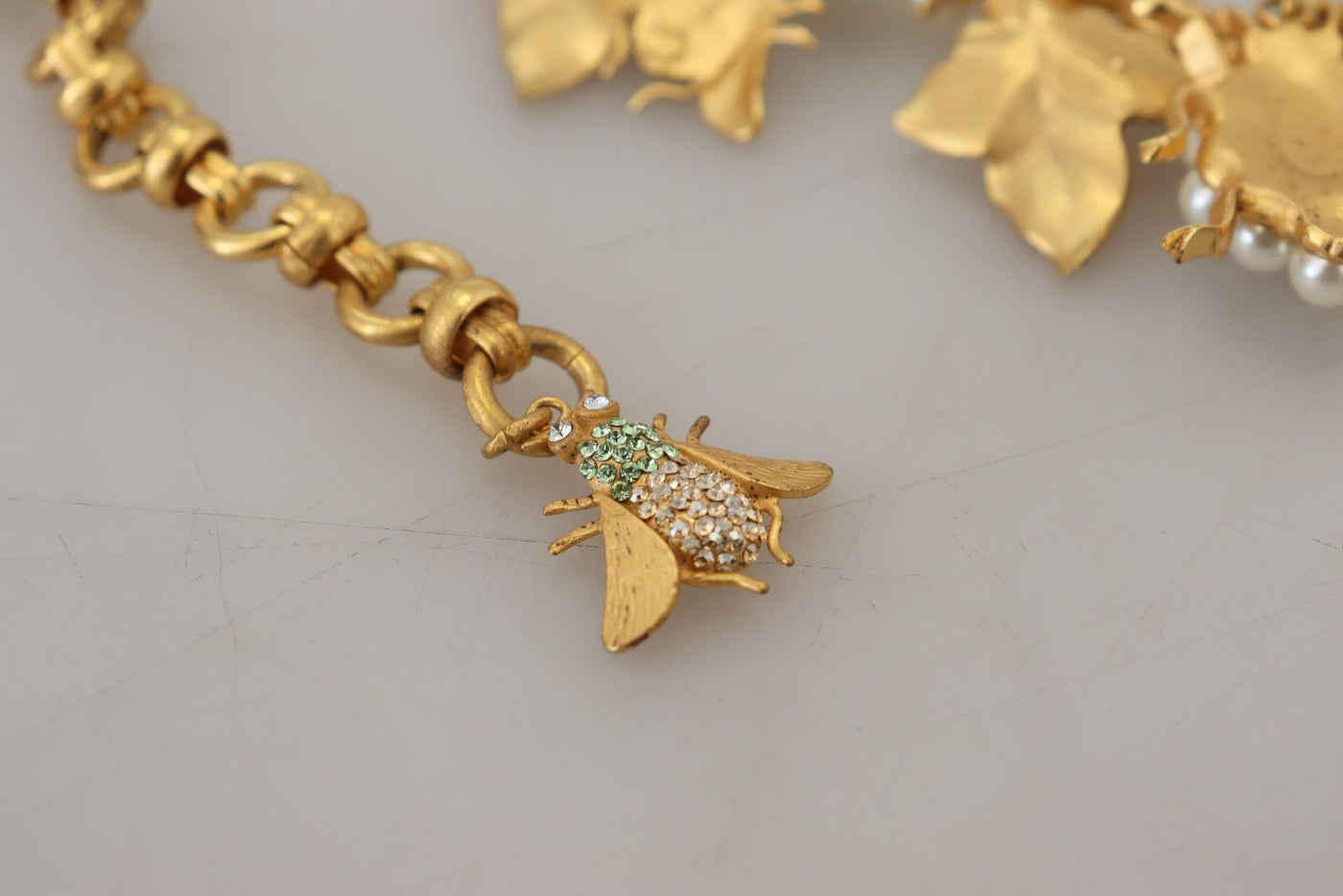 Gold Brass Crystal Logo Bug Floral Statement Necklace