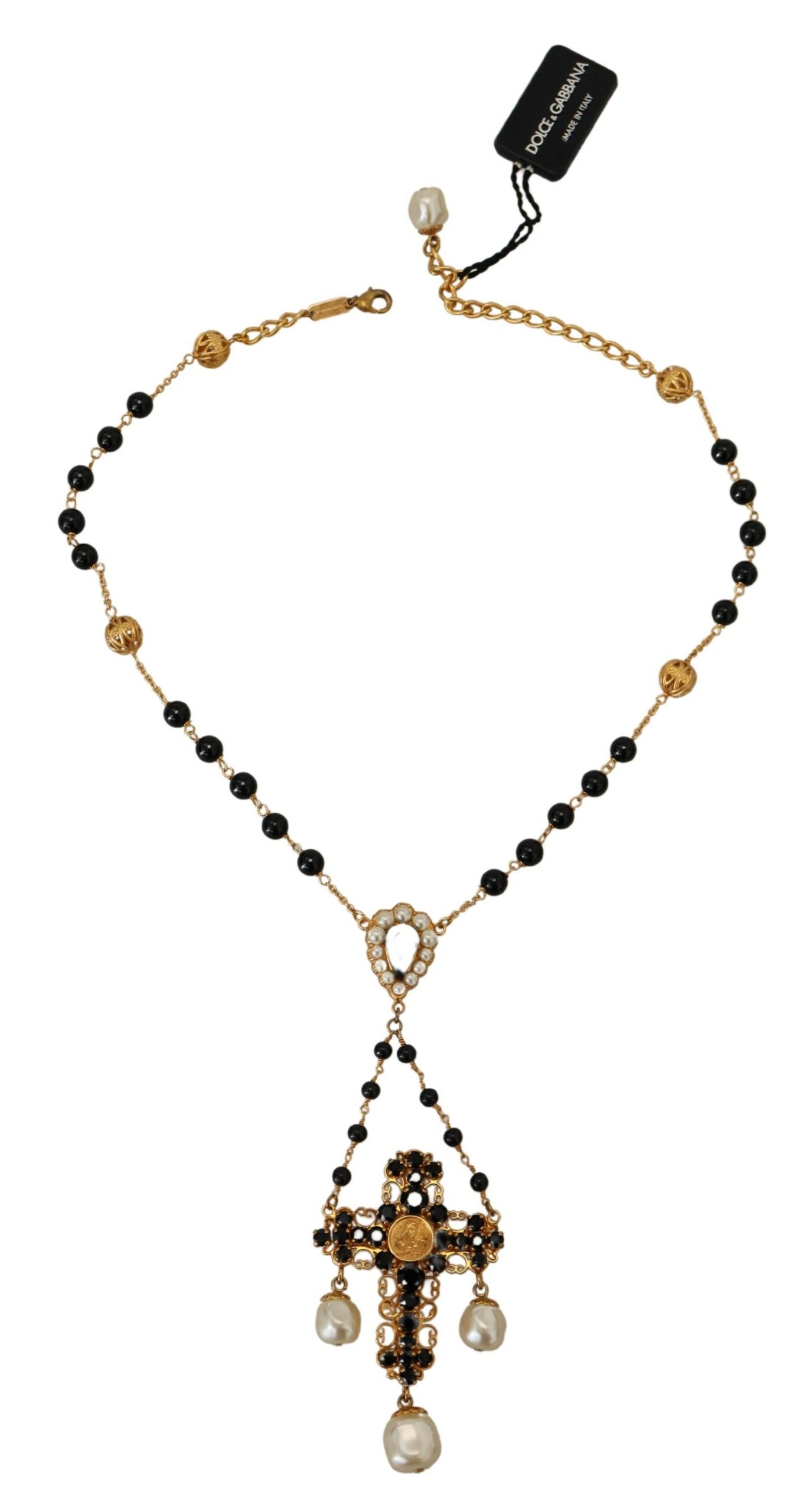 Gold Brass Chain Black Beads Cross Pendant Necklace