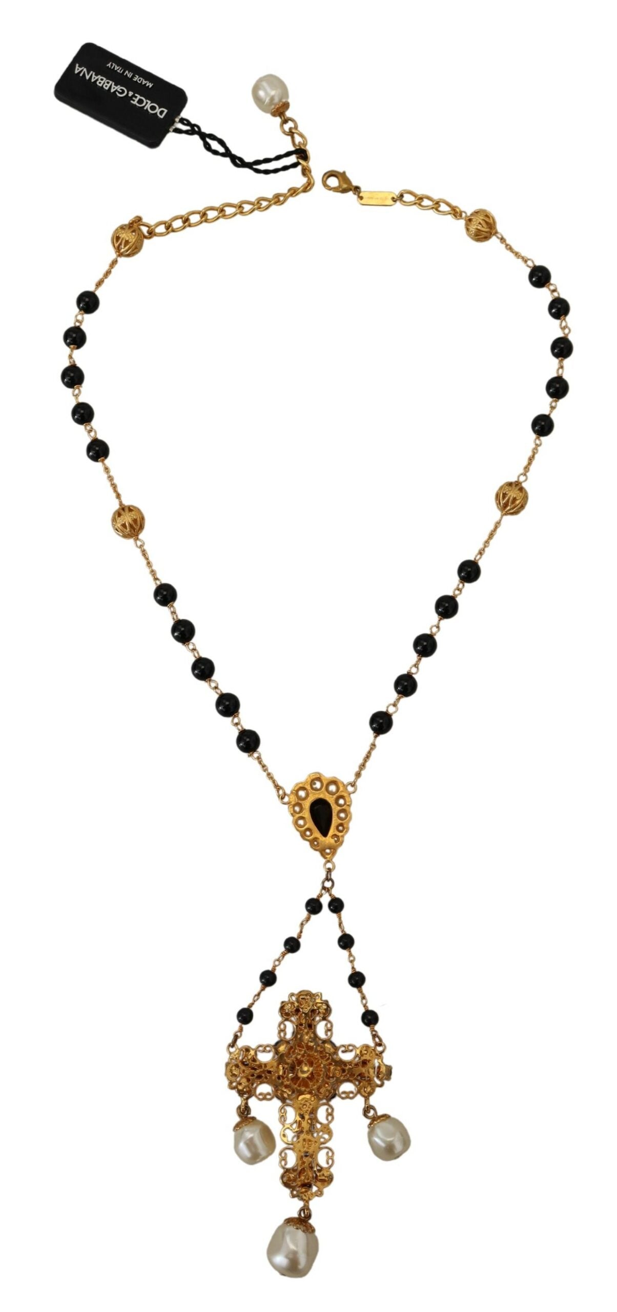 Gold Brass Chain Black Beads Cross Pendant Necklace