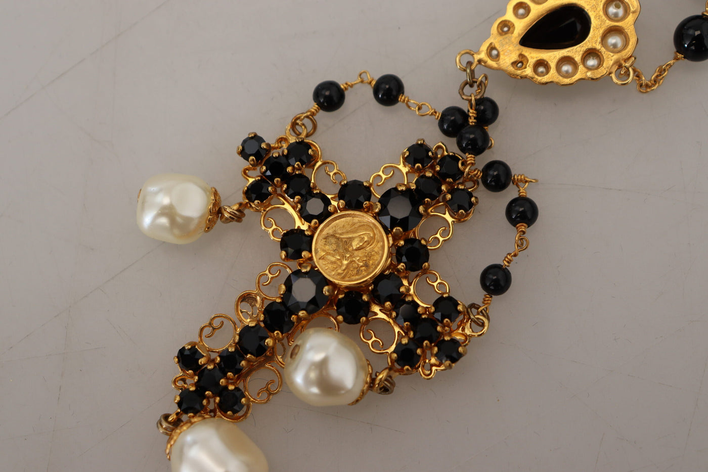 Gold Brass Chain Black Beads Cross Pendant Necklace