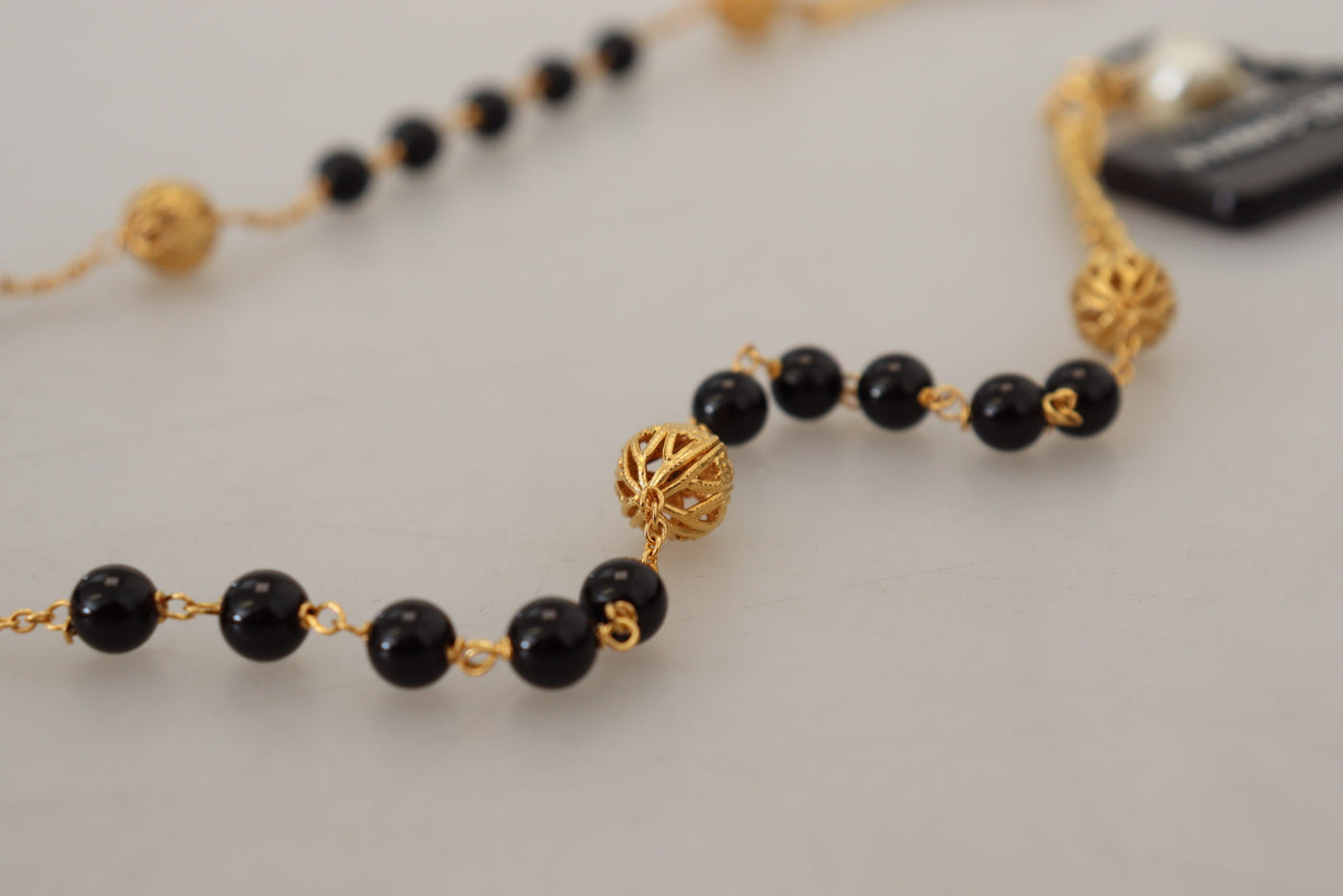 Gold Brass Chain Black Beads Cross Pendant Necklace