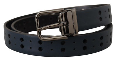 Blue Perforated Skinny Leather Metal Buckle Belt