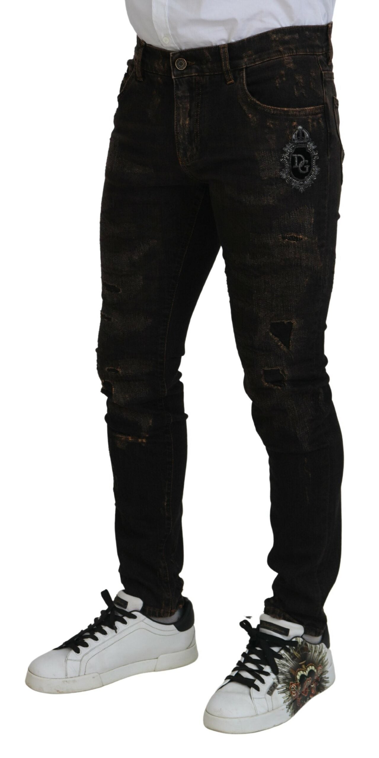 Brown Embroidery Cotton Skinny Denim Jeans