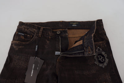 Brown Embroidery Cotton Skinny Denim Jeans