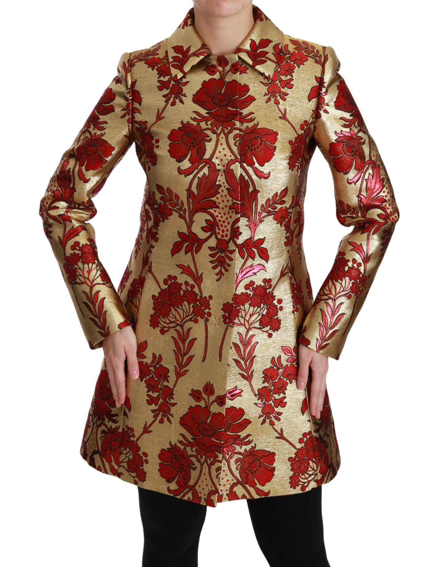 Red Gold Floral Brocade Cape Coat Jacket