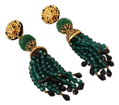 Green Crystals Gold Tone Drop Clip-on Dangle Earrings