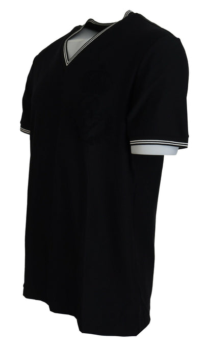 Black Cotton V-neck Short Sleeve T-shirt