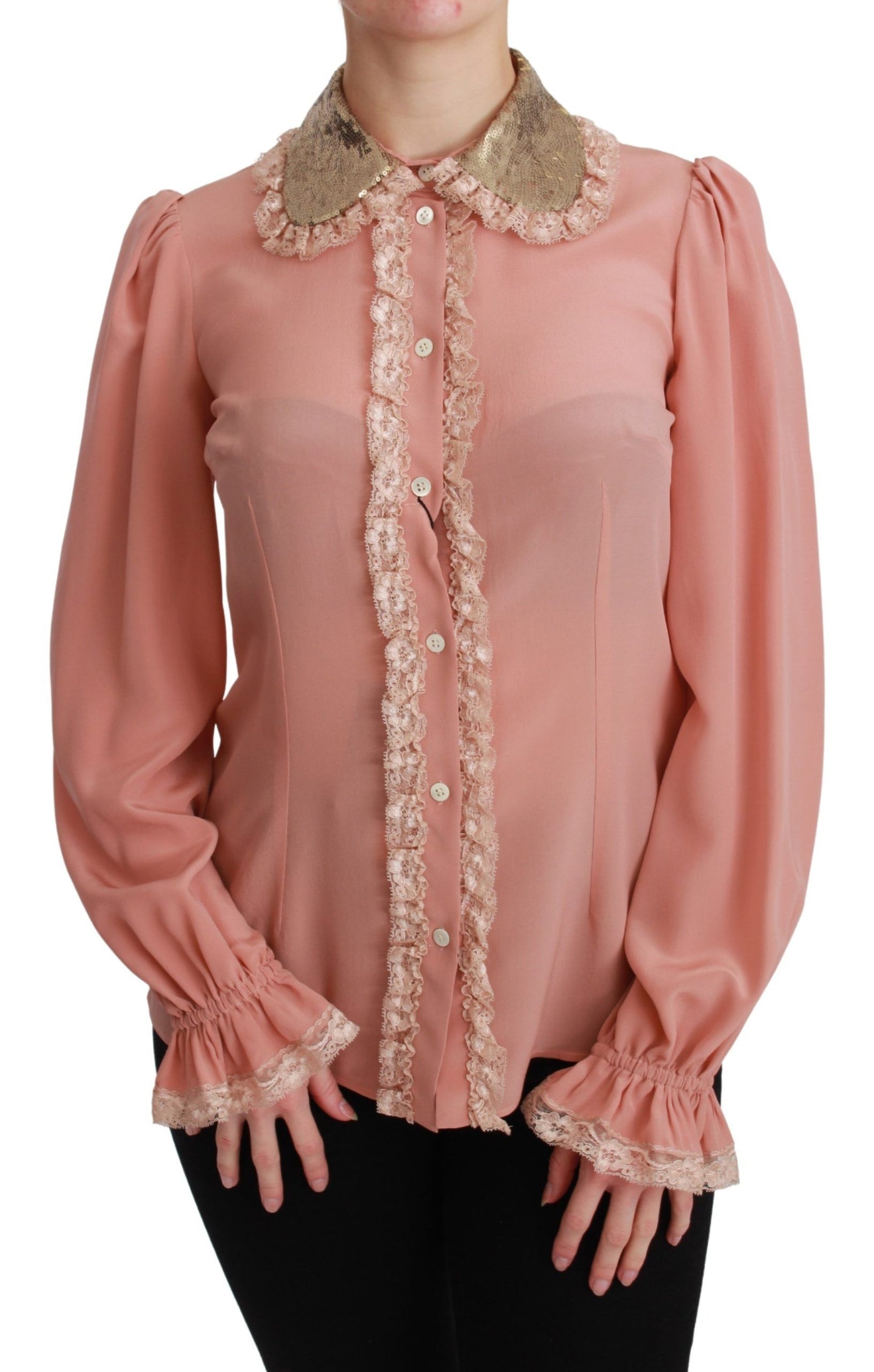 Pink Silk Gold Sequin Lace Blouse Shirt