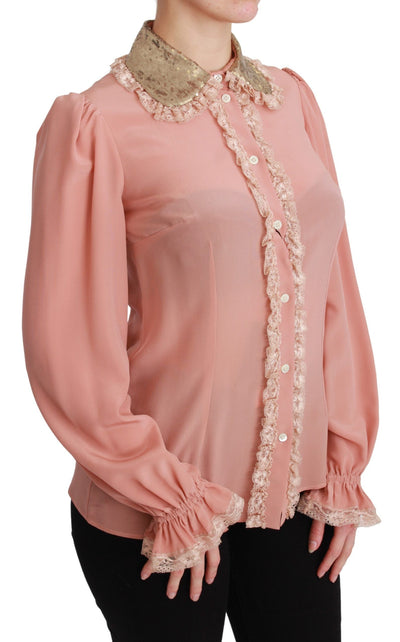 Pink Silk Gold Sequin Lace Blouse Shirt