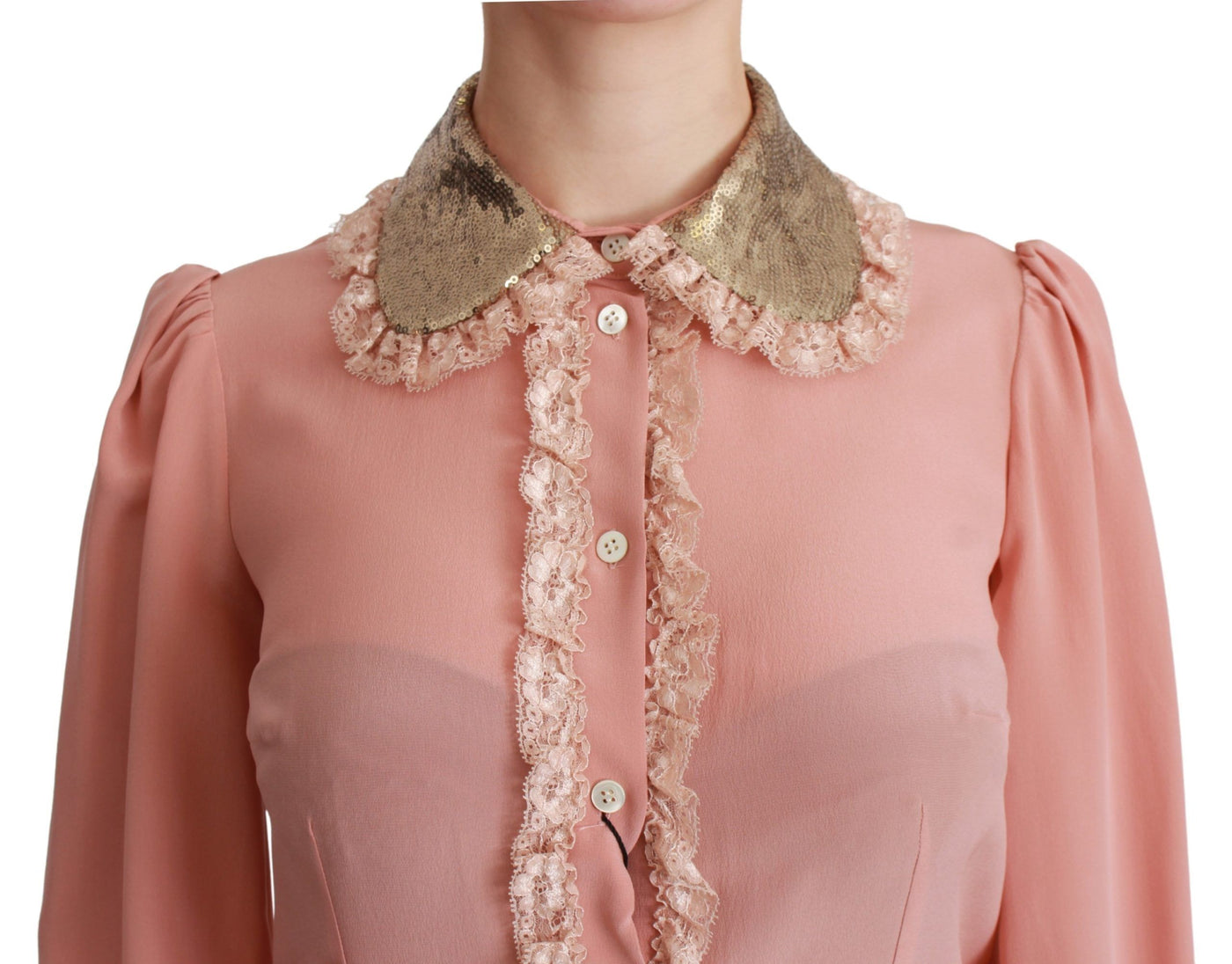 Pink Silk Gold Sequin Lace Blouse Shirt