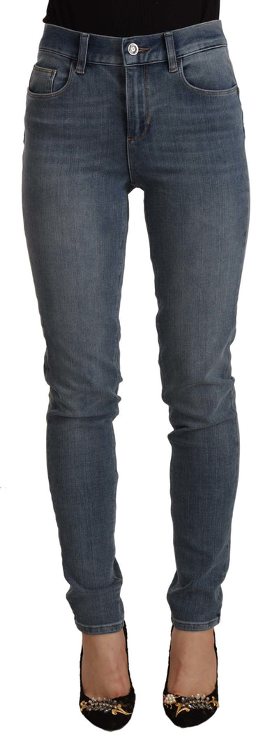 Blue Washed High Waist Cotton Slim Fit Denim Trouser