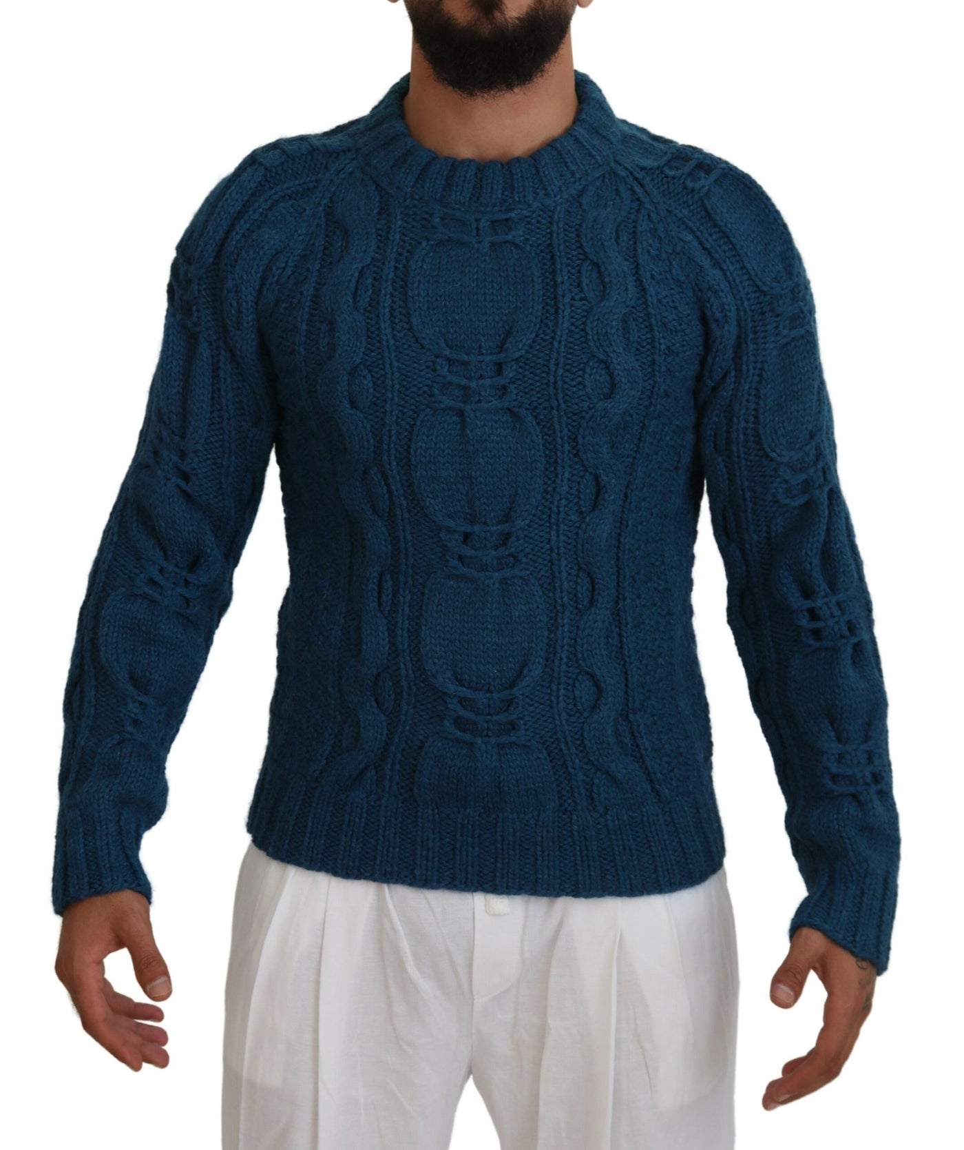 Blue Knitted Wool Alpaca Pullover Sweater