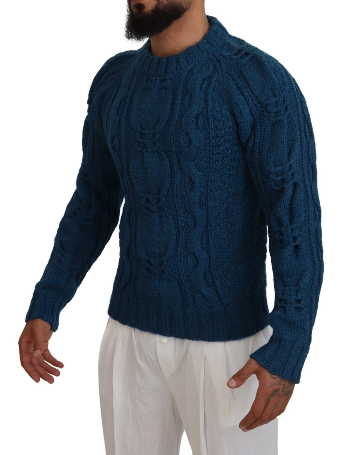 Blue Knitted Wool Alpaca Pullover Sweater