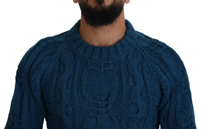 Blue Knitted Wool Alpaca Pullover Sweater