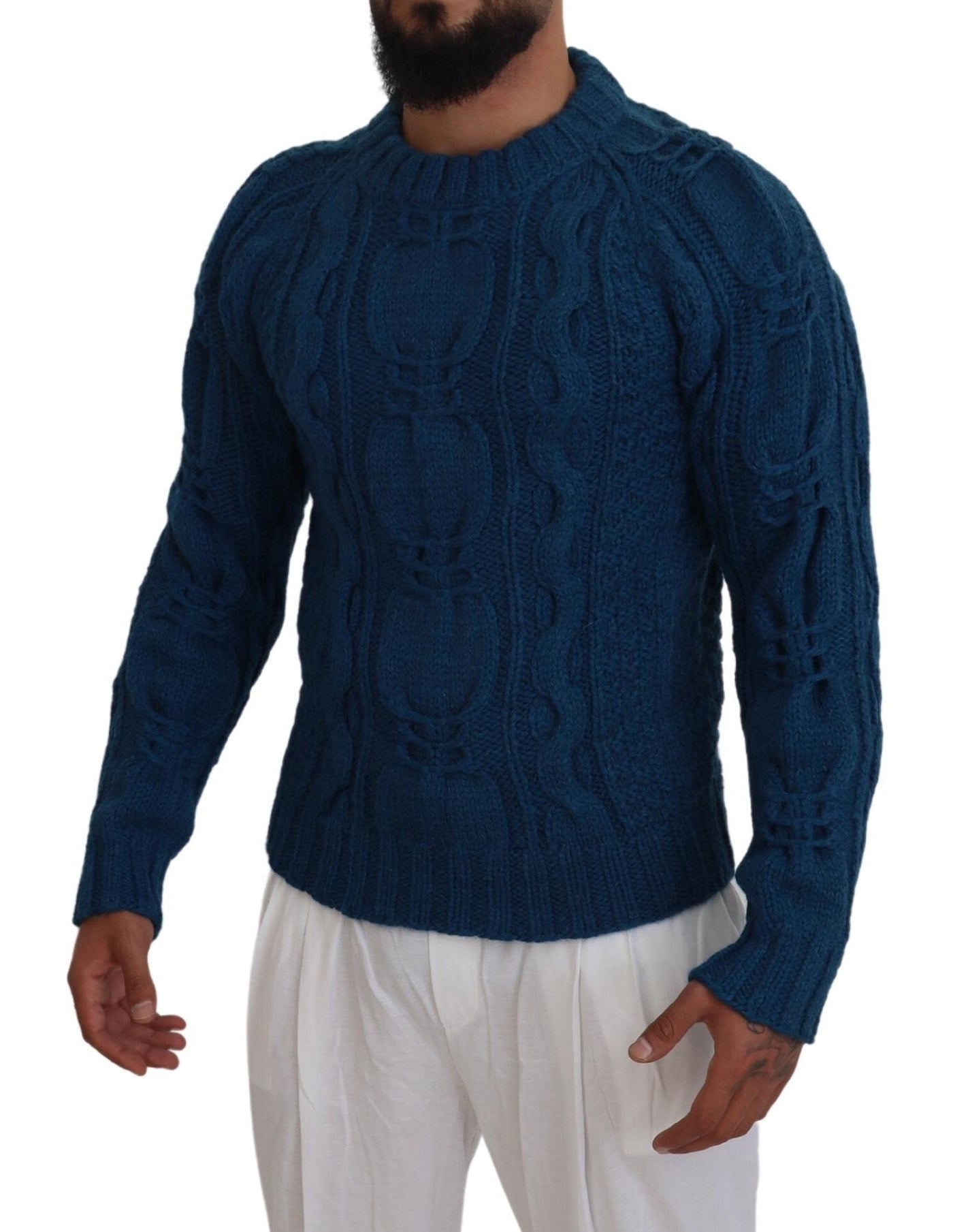 Blue Knitted Wool Alpaca Pullover Sweater