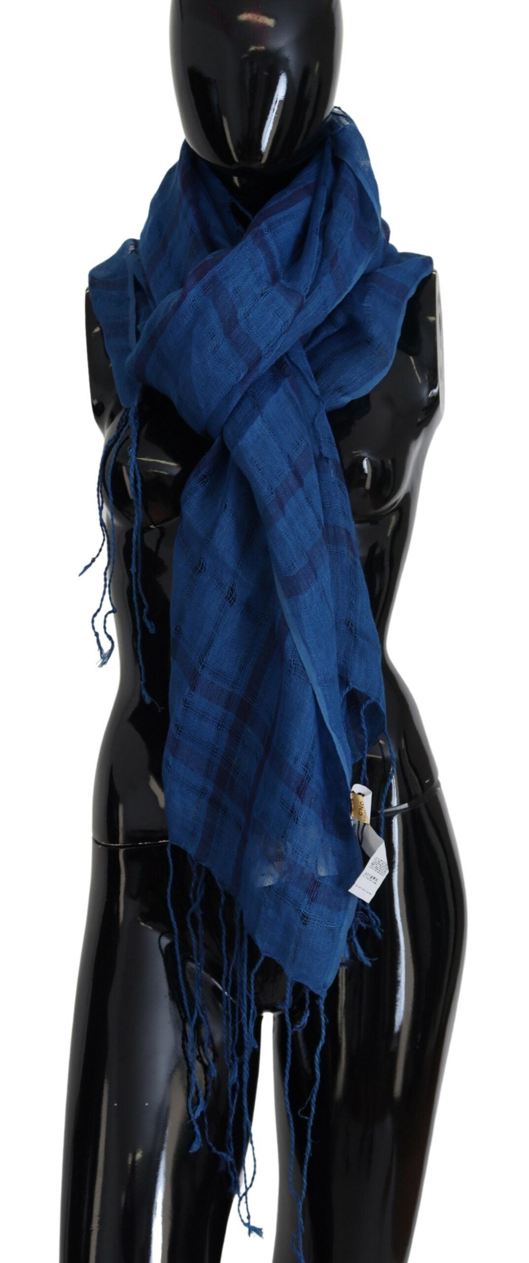 Blue Linen Shawl Foulard Fringes Scarf