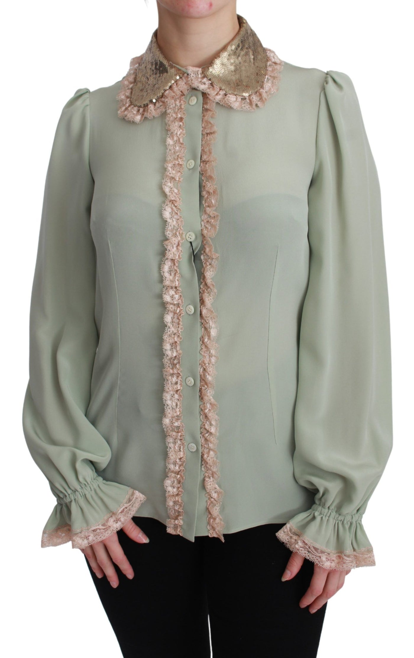 Mint Green Silk Sequin Lace Blouse Shirt