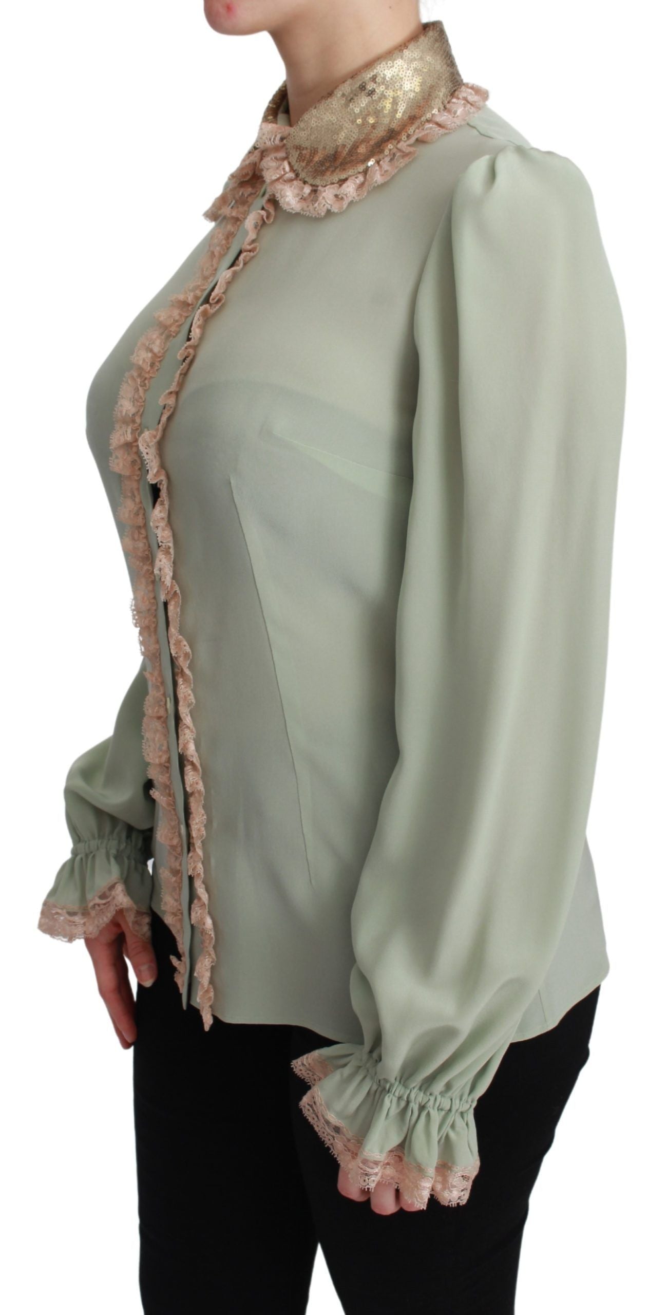 Mint Green Silk Sequin Lace Blouse Shirt