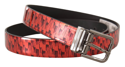 Red Herringbone Leather Gray Tone Buckle Belt