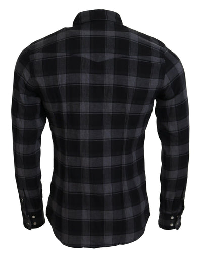 Black Gray Check Men Long Sleeves Shirt