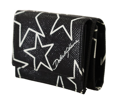 Black Stars Print Leather Trifold French Flap Wallet