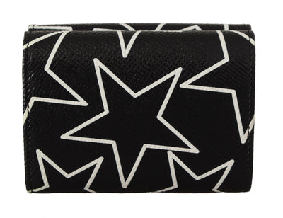 Black Stars Print Leather Trifold French Flap Wallet