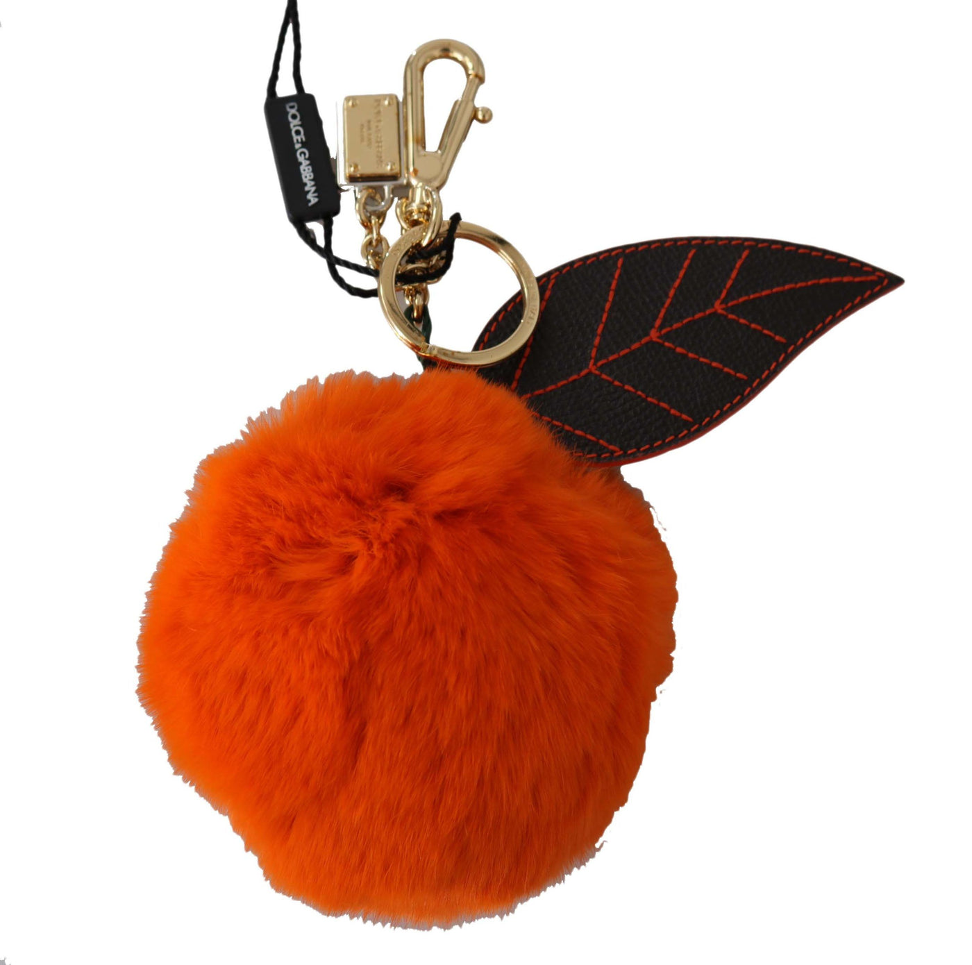 Black Leather Orange Fur Gold Clasp Keyring Keychain