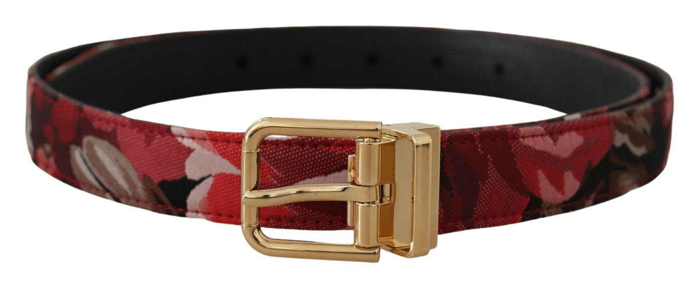 Red Jacquard Rose Leather Gold Metal Buckle Belt