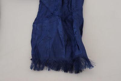 Blue Silk Shawl Foulard Fringes Scarf