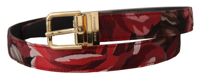 Red Jacquard Rose Leather Gold Metal Buckle Belt