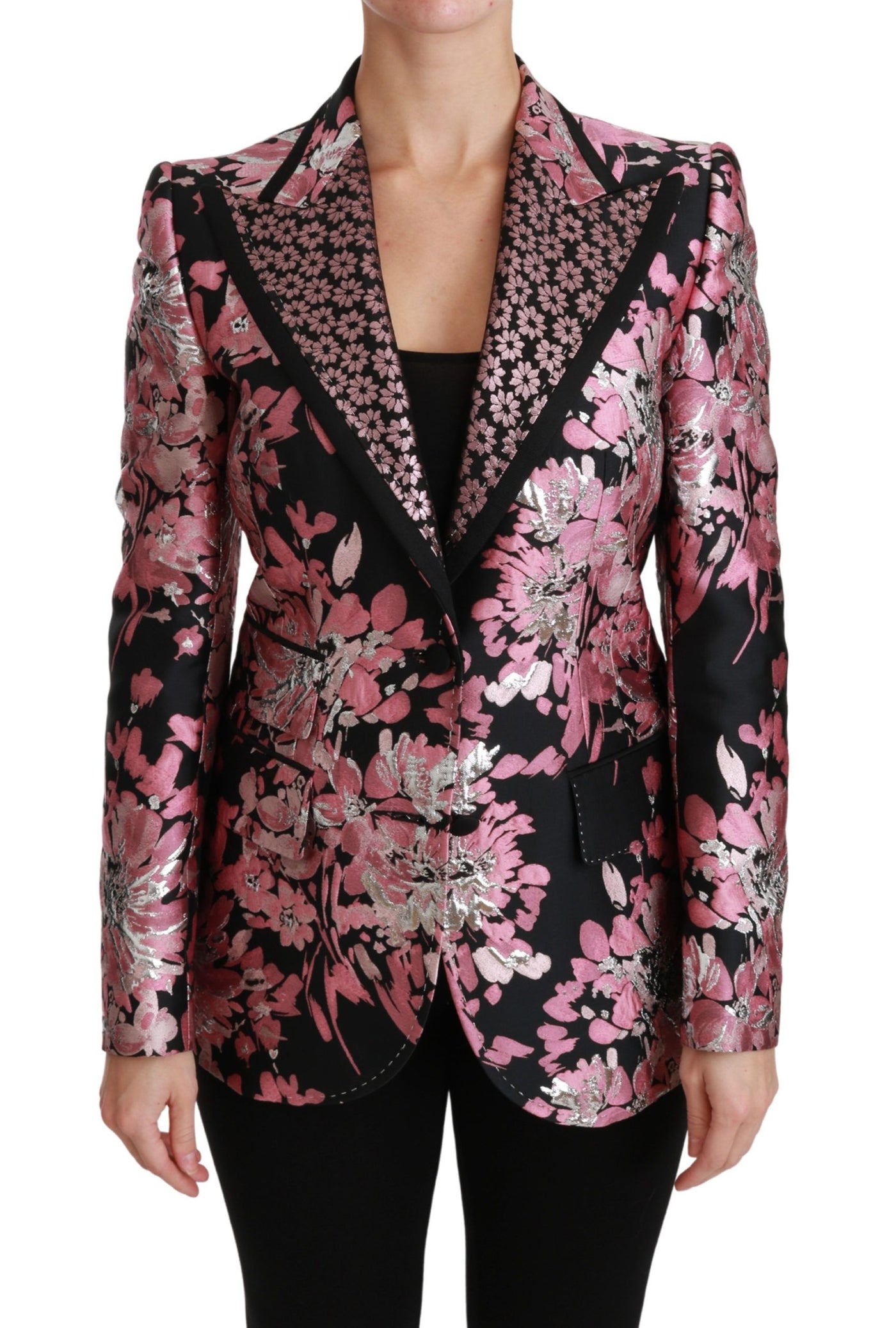 Black Pink Jacquard Slim Fit Blazer