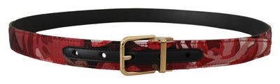 Red Jacquard Rose Leather Gold Metal Buckle Belt