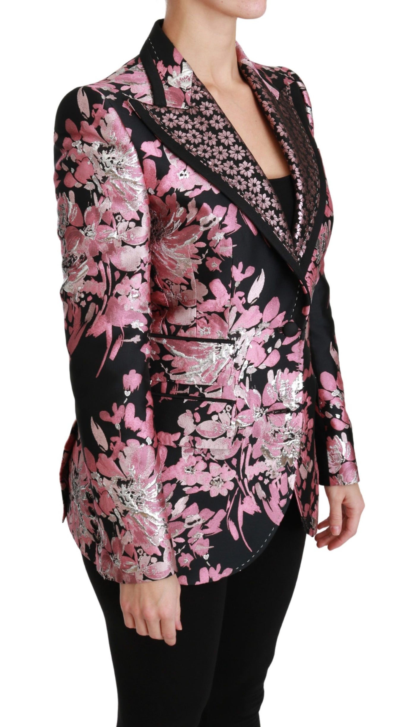 Black Pink Jacquard Slim Fit Blazer